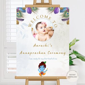 Letrero de bienvenida editable para Annaprasana / Letrero de bienvenida para la ceremonia Pasni / Póster de decoración de Annaprashan / Letrero de bienvenida para la alimentación con arroz / DIGITAL