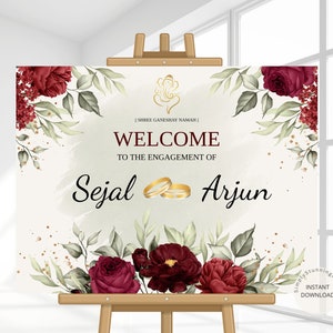 Indian Engagement Welcome Sign: Maroon Floral Entrance Decor (Digital Download 18x24 & 24x36 Inches)