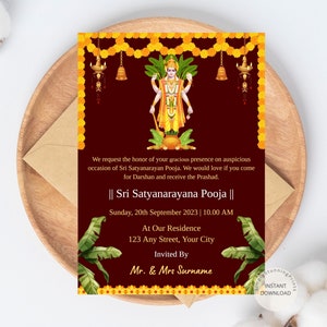 Invitation Sri Satyanrayana Pooja | Invitation modifiable de Katha Satyanarayan | Invitation Satyanarayan Bhagwan | Carte Puja indienne | NUMÉRIQUE