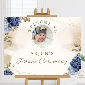 Welkomstbord Pasni-ceremonie | Welkomstbord rijst voeren | Pasni-decoratiebord | Bewerkbare digitale welkomstposter