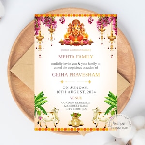 Indian Gruha Pravesham Invitation Card | Telugu Housewarming Invite | Vaastu Pooja Invitation Template | Electronic Digital Invitation