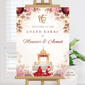 Panneau de bienvenue Anand Karaj | Enseigne florale de mariage sikh | affiche de mariage indien | Décoration de mariage pendjabi | TÉLÉCHARGEMENT NUMÉRIQUE