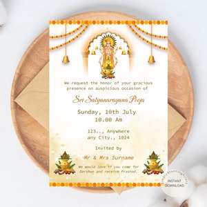 Sri Satyanarayana Pooja-uitnodiging | Bewerkbare Satyanarayan Katha-uitnodiging | Satyanarayan-uitnodiging Indiase puja-uitnodiging | DIGITALE DOWNLOAD