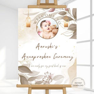 Cartello di benvenuto modificabile per la cerimonia di Annaprasana / Cartello di benvenuto per la cerimonia di Pasni / Poster per la decorazione di Annaprashan / Poster di benvenuto per la festa di alimentazione del riso