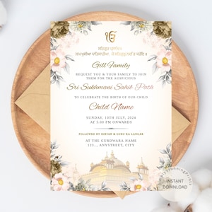 Cartão do convite do trajeto de Sri Sukhmani Sahib de <br> Entrega Rápida? Convite do aniversário do Sikh | Convite de Akhand Paath | Cartão de aniversário da criança do Sikh | DOWNLOAD DIGITAL