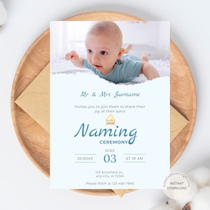 Bewerkbare babynaamgeving foto-uitnodiging | Naamgevingsceremonie-uitnodiging | Uitnodiging wiegceremonie | Afdrukbare sjabloon voor DIY-uitnodiging
