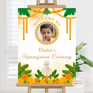 Panneau de bienvenue avec photo d'Upanayanam | Poster décoratif d'Upanayanam | Cérémonie de la cérémonie du fil | Panneau de bienvenue Janoi | TÉLÉCHARGEMENT NUMÉRIQUE