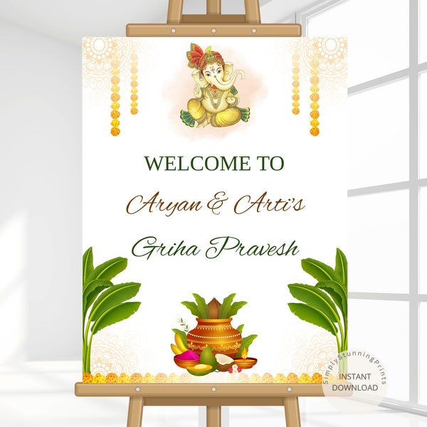 Editable Housewarming Welcome Sign | Indian Grihapravesh Sign |  Housewarming Ceremony Welcome Poster | Printable DIY Template