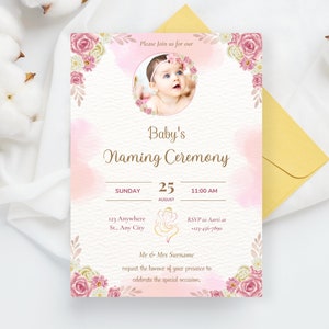 Carte d'invitation modifiable avec photo pour un nom de bébé | Faire-part pour la cérémonie de baptême | Invitation de cérémonie du berceau | Invitation pour le jour du baptême | Invitation smartphone