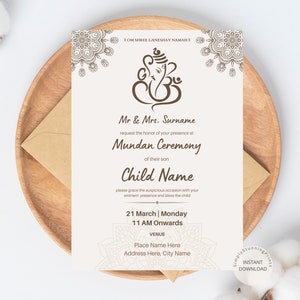 Könnte beinhalten: Eine weiße Einladungskarte mit braunem Text und einer braunen Illustration des hinduistischen Gottes Ganesha. Der Text lautet "OM SHREE GANESHAY NAMAHI", "Mr & Mrs. Surname", "request the honour of your presence at", "Mundan Ceremony", "of their son", "Child Name", "please grace the auspicious occasion with your", "eminent presence and bless the child", "21 March | Monday", "11 AM Onwards", "VENUE", "Place Name Here", "Address Here, City Name".