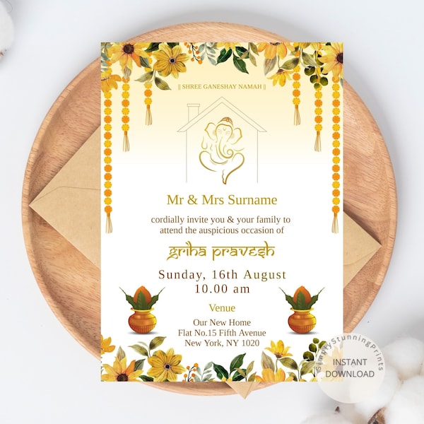 Indian Griha Pravesh Invitation | Housewarming Invitation | Vaastu Pooja Invitation Card | Printable DIY Invitation Template