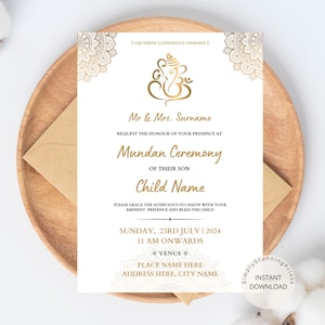 Könnte beinhalten: Weiße Einladungskarte mit goldenen Akzenten und einer goldenen Ganesha-Illustration. Der Text lautet "Mr & Mrs. Surname Request the honour of your presence at Mundan Ceremony of their son Child Name Sunday, 23rd July | 2024 11 AM onwards Venue Place Name Here Address Here, City Name"