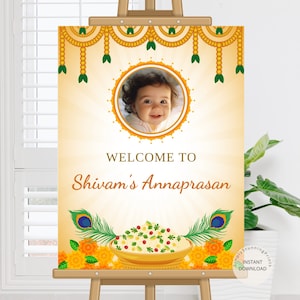 Cartello di benvenuto Annaprasan / Cartello di benvenuto per l'alimentazione con riso / Cartello per lo svezzamento con riso per bambini / Decorazione Annaprashan / Modello modificabile, DOWNLOAD DIGITALE