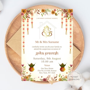 Griha Pravesh-uitnodiging | Indiase housewarminguitnodiging | Vaastu Pooja-uitnodigingskaart | Afdrukbare sjabloon voor DIY-uitnodiging
