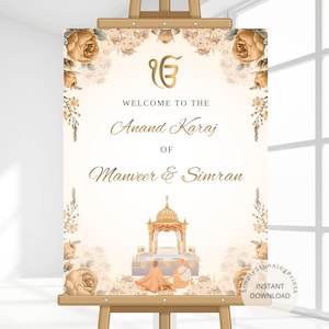 Welkomstbord van Anand Karaj | Sikh-trouwbord met bloemen | Indiase bruiloftsposter | Anand Karaj poster bruiloft decoratie | DIGITALE DOWNLOAD