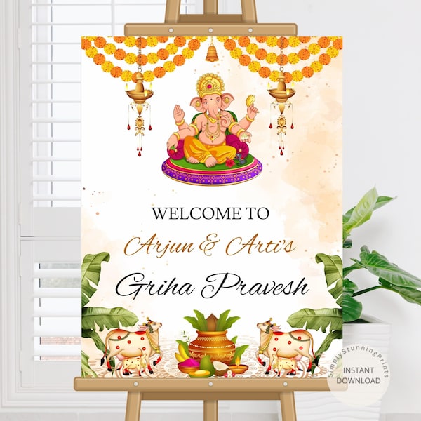 Indianer Griha Pravesh Willkommens-Schild als Gruha Pravesham | Traditionelles Housewarming Willkommensschild | Bearbeitbares DIY-Willkommensplakat