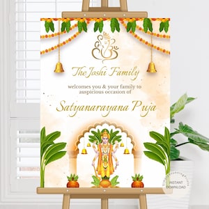 Sri Satyanarayana Puja-welkomstbord | Indisch bord Satyanarayan Bhagwan Katha | Indiaas puja-decor | DIGITALE DOWNLOAD