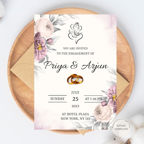 Indian Engagement Invitation Template | Purple Floral Engagement Invite | Ring Ceremony Invitation Card | DIGITAL DOWNLOAD