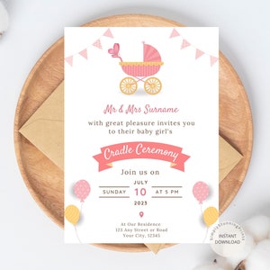 Invitación para la ceremonia de la cuna de niña: Diseño de cuna rosa (Plantilla digital)