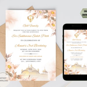 Tarjeta de invitación de Sri Sukhmani Sahib Path / Invitación de Sukhmani Sahib de cumpleaños sikh / Invitación de Akhand Paath / Tarjeta de cumpleaños de niña sikh / DIGITAL
