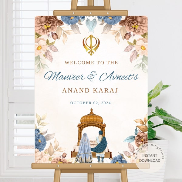 Anand Karaj Welcome Sign | Floral Sikh Wedding Sign | Indian Wedding Poster | Anand Karaj Wedding Decoration | DIGITAL DOWNLOAD