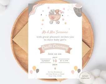 Boho Cradle Ceremony Invitation template | Cradle Invitation Girl | Naming Ceremony Invitation | Printable Digital Invitation