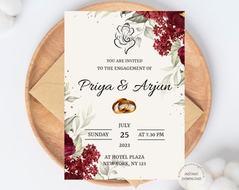 Indian Engagement Invitation Template | Burgundy & Green Flower Engagement Invite | Ring Ceremony Invitation | DIGITAL DOWNLOAD