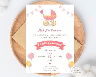 Baby Girl Cradle Ceremony Invitation: Pink Cradle Design (Digital Template)
