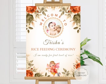 Placa de boas-vindas para a cerimônia de alimentação com arroz: pôster floral editável (download digital)