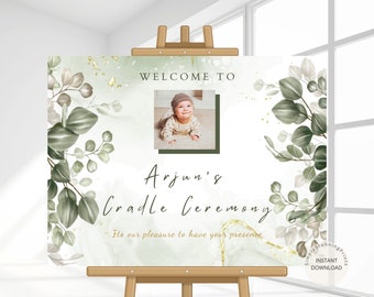 Greenery Baby Cradle Photo Welcome Sign | Naming Ceremony Entry Sign | Cradle Ceremony Decoration Banner | Printable DIY Welcome Poster