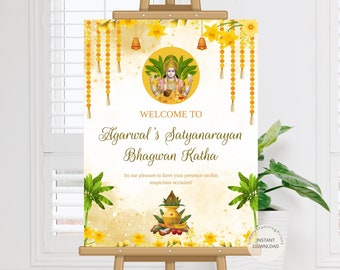 Sri Satyanarayana Pooja Welcome Sign | Editable Satyanarayan Bhagwan Katha Sign | Indian Puja Decor | DIGITAL DOWNLOAD PRINT