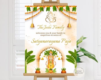 Sri Satyanarayana Puja Welcome Sign | Indian Satyanarayan Bhagwan Katha Entrance Sign | Indian Puja Decor | DIGITAL DOWNLOAD