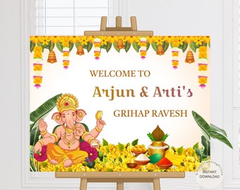 Indian Grihapravesh Welcome Sign as Housewarming Sign | Gruha Pravesh Welcome Board |  Housewarming Decoration | Editable DIY Welcome Poster