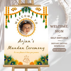 Editierbares Mundan Ceremony Willkommensschild: Erste Haarschneidezeremonie (Digitaler Download)