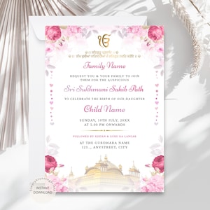 Geboorteaankondiging Sukhmani Sahib Path | Sikh-welkomstkaart babymeisje | Afdrukbare sikh-uitnodiging met roze bloemen | Bewerkbare digitale kaart
