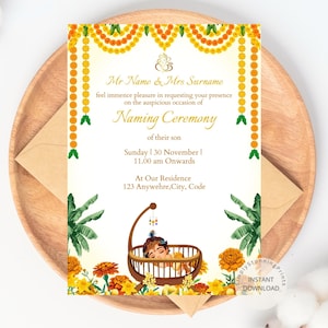 d'invitation indienne pour la cérémonie de baptême | Invitation à la cérémonie du berceau | Invitation Namakaran | Invitation de baptême de bébé Krishna | Faire-part numérique