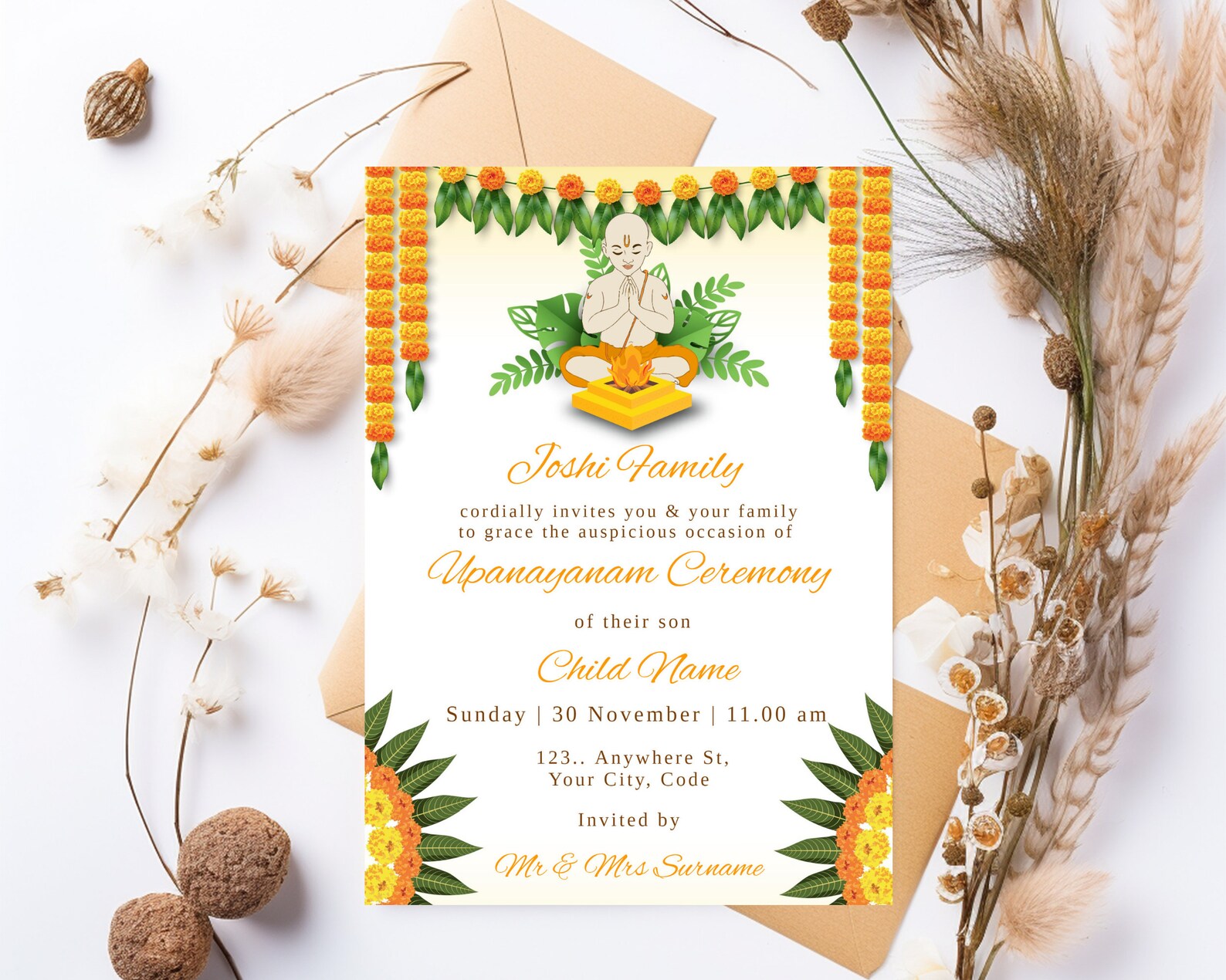 Upanayanam Ceremony Invitation as Thread Ceremony Janoi Ceremony Invite Upanayanam Invite Tread