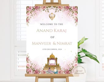 Pink Floral Anand Karaj Welcome Sign: Sikh Wedding Decor (Digital Download 18x24/24x36 Inches)