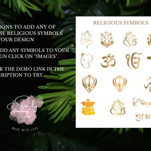 May include: A white background with gold religious symbols, including a cross, an Om symbol, a Star of David, a crescent moon and star, and a Khanda. The text "RELIGIOUS SYMBOLS" is at the top of the image.