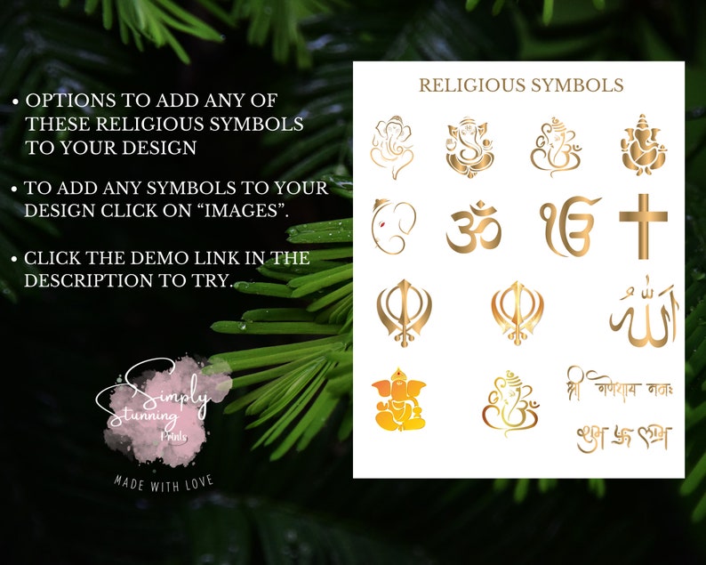 May include: A white background with gold religious symbols, including a cross, an Om symbol, a Star of David, a crescent moon and star, and a Khanda. The text "RELIGIOUS SYMBOLS" is at the top of the image.