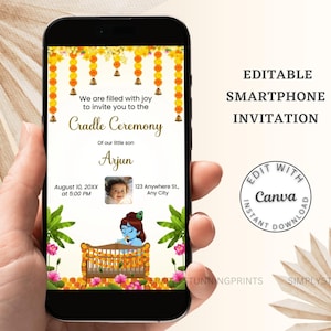 Invitación telefónica para la ceremonia de la cuna india: Plantilla editable de Canva (descarga digital)