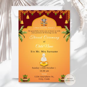 Upanayanam Invitation Card: Thread Ceremony Invite (Digital Download 5x7" & Phone Size)
