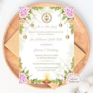 Bloemen Sukhmani Sahib Path-uitnodiging | Sikh-kaart voor huwelijksceremonie | Bewerkbare pre-weddingsuitnodiging Punjabi | Digitale download Gurdwara-evenement