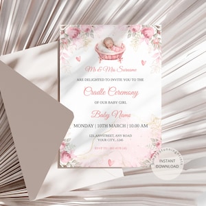 Pink Floral Cradle Ceremony Invitation: Baby Girl Naming Card (Digital Download 5x7&quot;