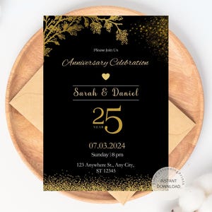 Invitation 25e anniversaire | Faire-part d'anniversaire de mariage noir doré | Modèle d'invitation d'anniversaire | TÉLÉCHARGEMENT NUMÉRIQUE