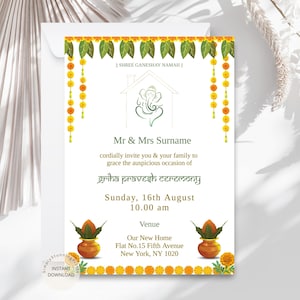 Traditionele Griha Pravesh-uitnodigingskaart | Kaart housewarmingceremonie | Hindoeïstische Gruha Pravesam-uitnodiging | Bewerkbare sjabloon | Vaastu Puja-kaart