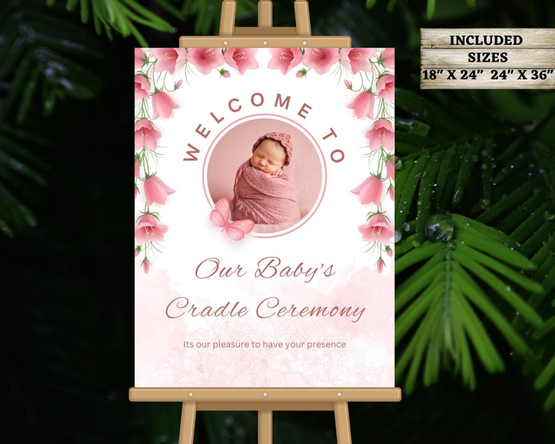 Editable Baby Girl Cradle Sign Naming Ceremony Entry Sign