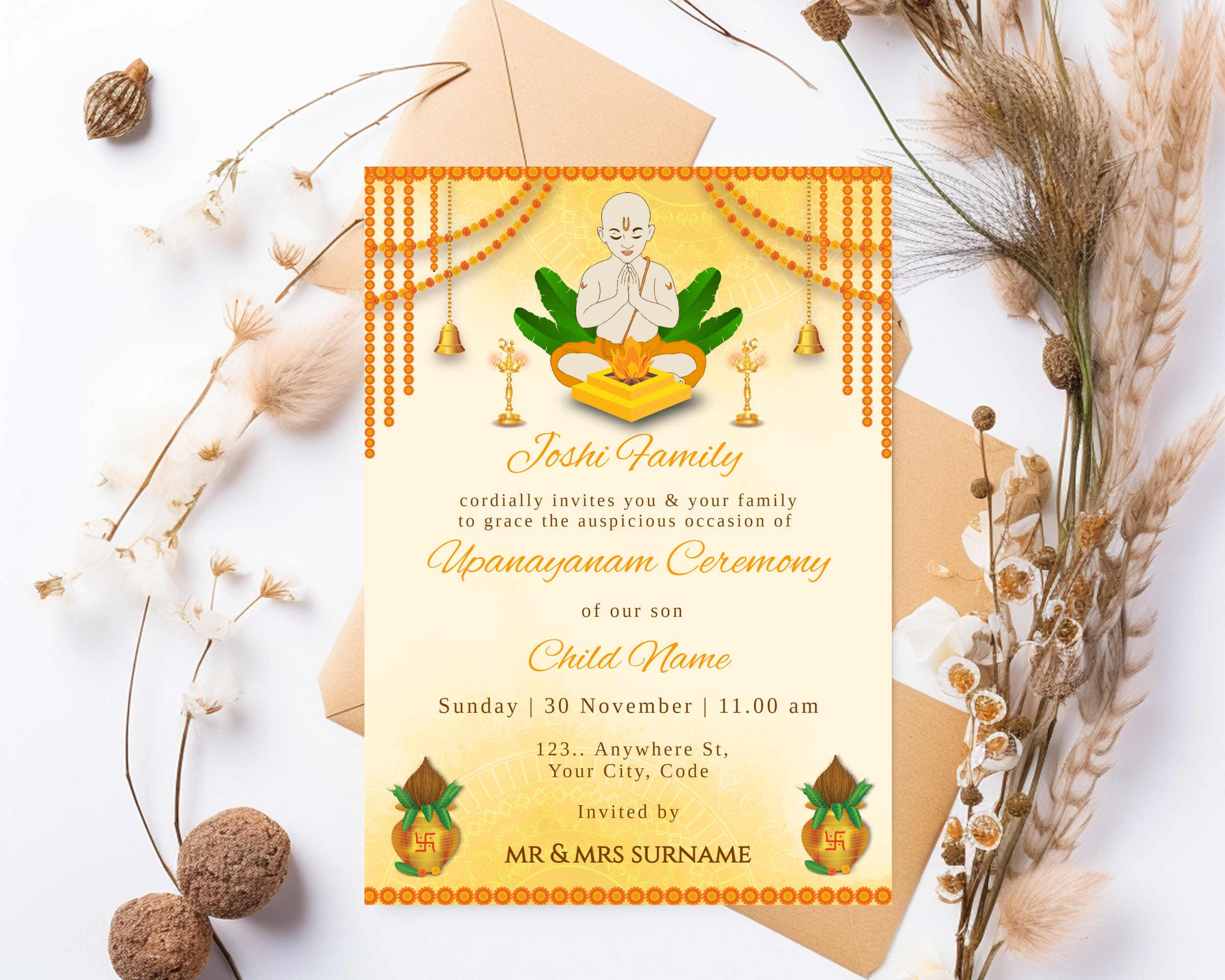 Upanayanam Ceremony Invitation as Thread Ceremony Janoi Ceremony Invite ...