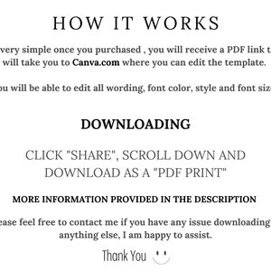 Pode incluir: Texto que explica como baixar um modelo PDF imprim&iacute;vel. O texto diz "HOW IT WORKS" e "DOWNLOADING" em letras grandes e em negrito. O texto tamb&eacute;m diz "CLICK "SHARE", SCROLL DOWN AND DOWNLOAD AS A "PDF PRINT" e "MORE INFORMATION PROVIDED IN THE DESCRIPTION".