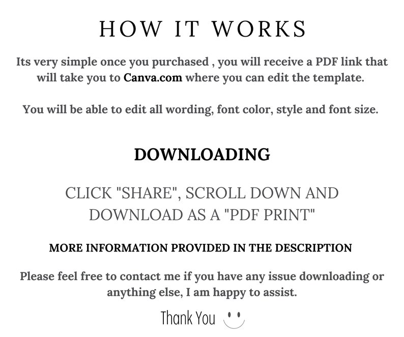 Pode incluir: Texto que explica como baixar um modelo PDF imprim&iacute;vel. O texto diz "HOW IT WORKS" e "DOWNLOADING" em letras grandes e em negrito. O texto tamb&eacute;m diz "CLICK "SHARE", SCROLL DOWN AND DOWNLOAD AS A "PDF PRINT" e "MORE INFORMATION PROVIDED IN THE DESCRIPTION".